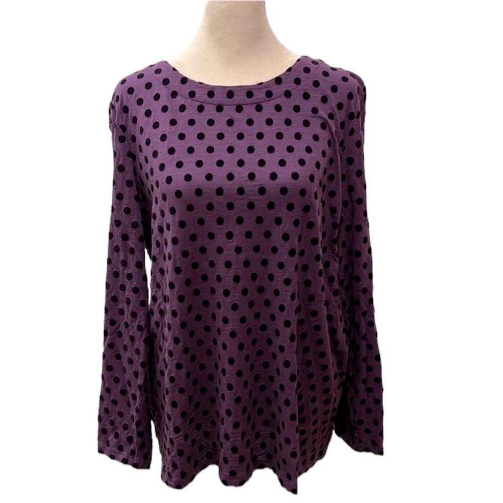 Talbots l/s purple crew neck top with tonal velvet polka dots. XLP. EUC